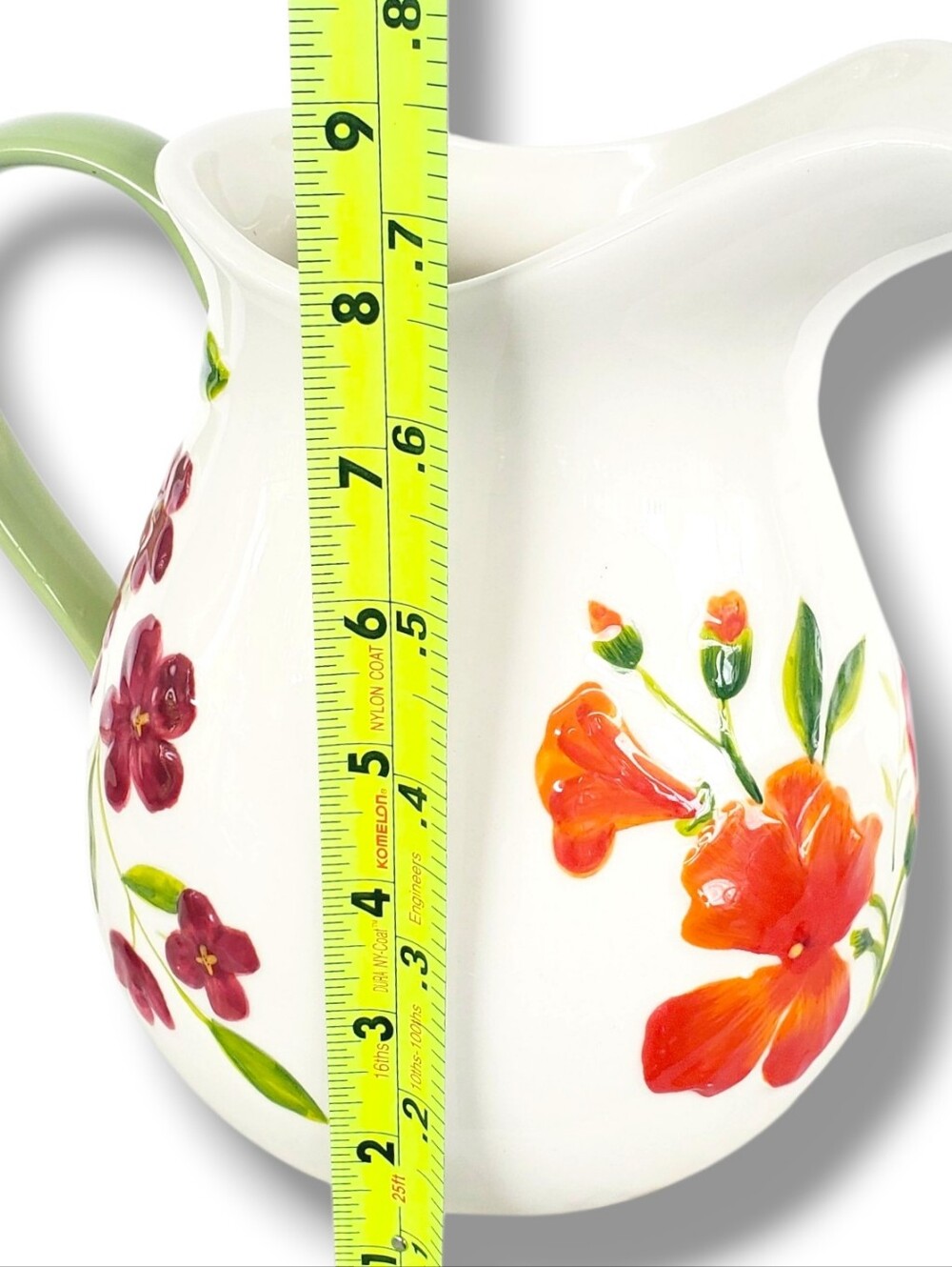 Home Studio Garden Bouquet Pitcher Raised Hand Painted Floral White Red Embossed - Picture 3 of 7